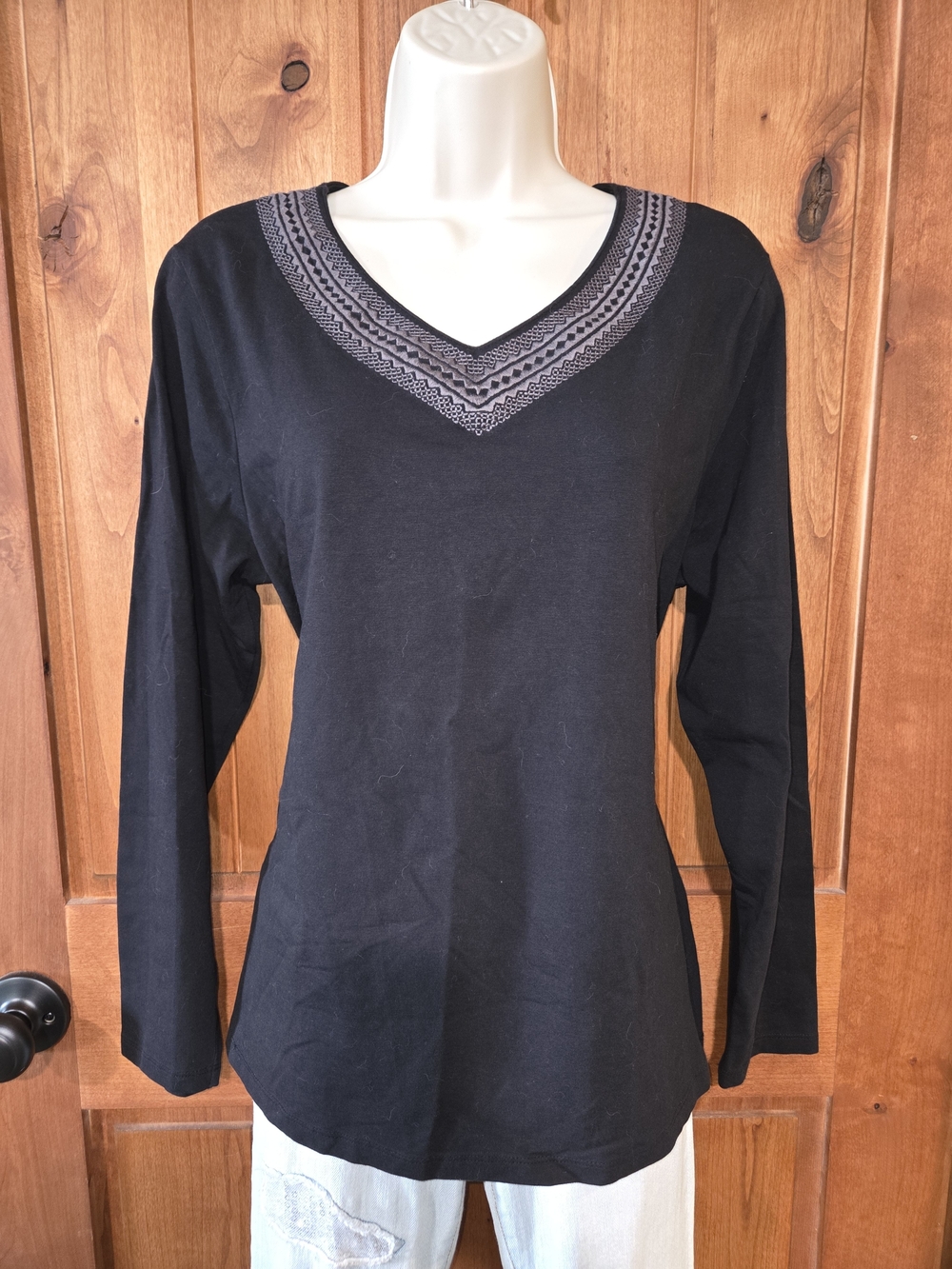 Black V-Neck Long Sleeve Top with Embroideredโ Trim